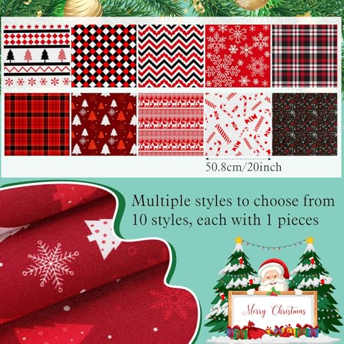 Hicarer 10 Pcs 20x20 Christmas Cotton Fabric Square Bundles Red Black Reindeer Plaid Snowflake 10 Patterns Patchwork Christmas Fat Quarters for DIY Xmas Art Sewing Home Party Craft - Image 3