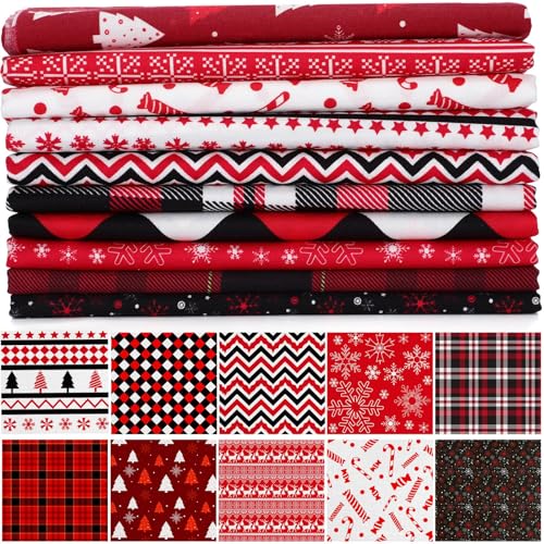 Hicarer 10 Pcs 20x20 Christmas Cotton Fabric Square Bundles Red Black Reindeer Plaid Snowflake 10 Patterns Patchwork Christmas Fat Quarters for DIY Xmas Art Sewing Home Party Craft - Image 1