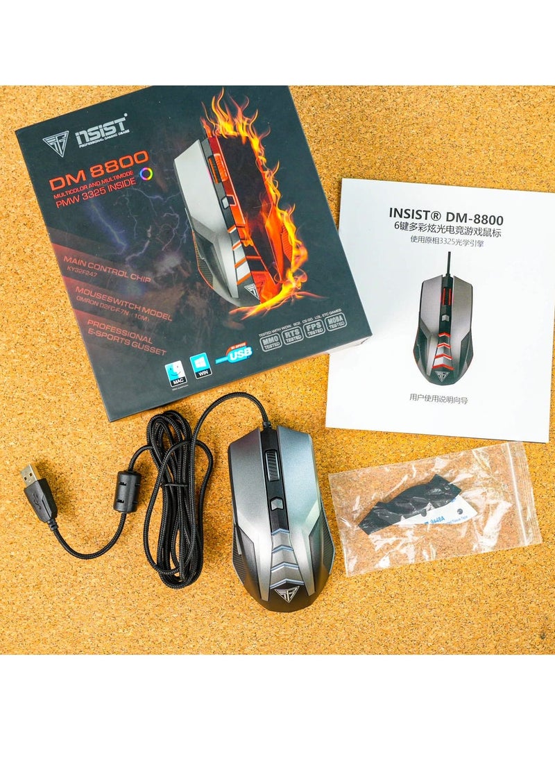 ماوس الألعاب iNSIST DM8800 - مفتاح ميكرو OMRON 7N (10M) - 5000 نقطة في البوصة (PixArt A3325) بصري - 6 مفاتيح مضيئة ملونة - ماوس سلكي غير قابل للانزلاق مريح لألعاب MMO وRTS وFPS وألعاب MOBA | أسود (أقدام ماوس مجانية)