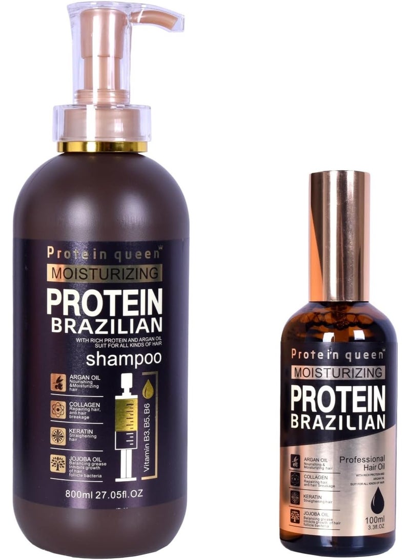 Protein Queen Brazilian Professional Hair Treatment Set, Keratine Moisturizing & Hair Loss Control, Repair, Nourishment. Featuring– SHAMPOO and HAIR SERUM – Sulfate-Free, Protein-Rich Formula (2pcs Set) - Image 1
