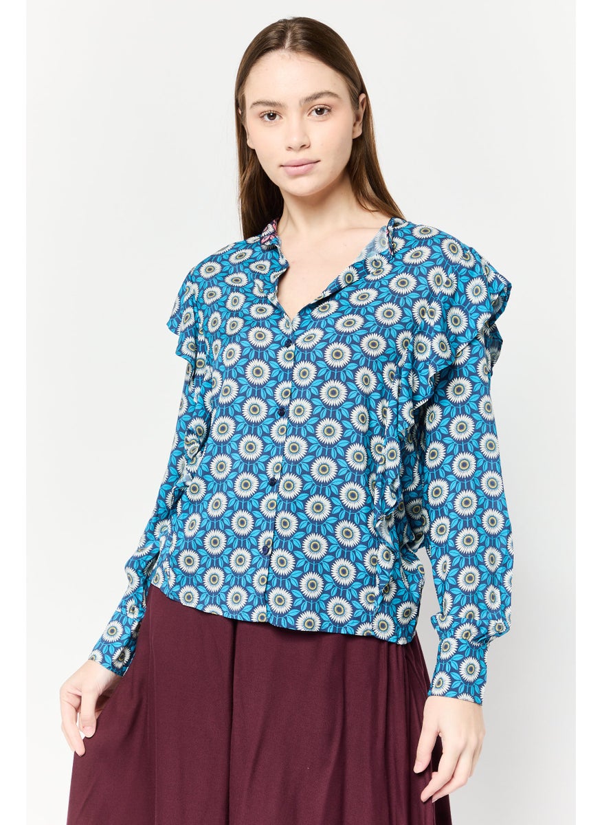 Harmont & Blaine Women Band Collar Long Sleeves Graphic Print Blouse, Multicolor  - Image 1