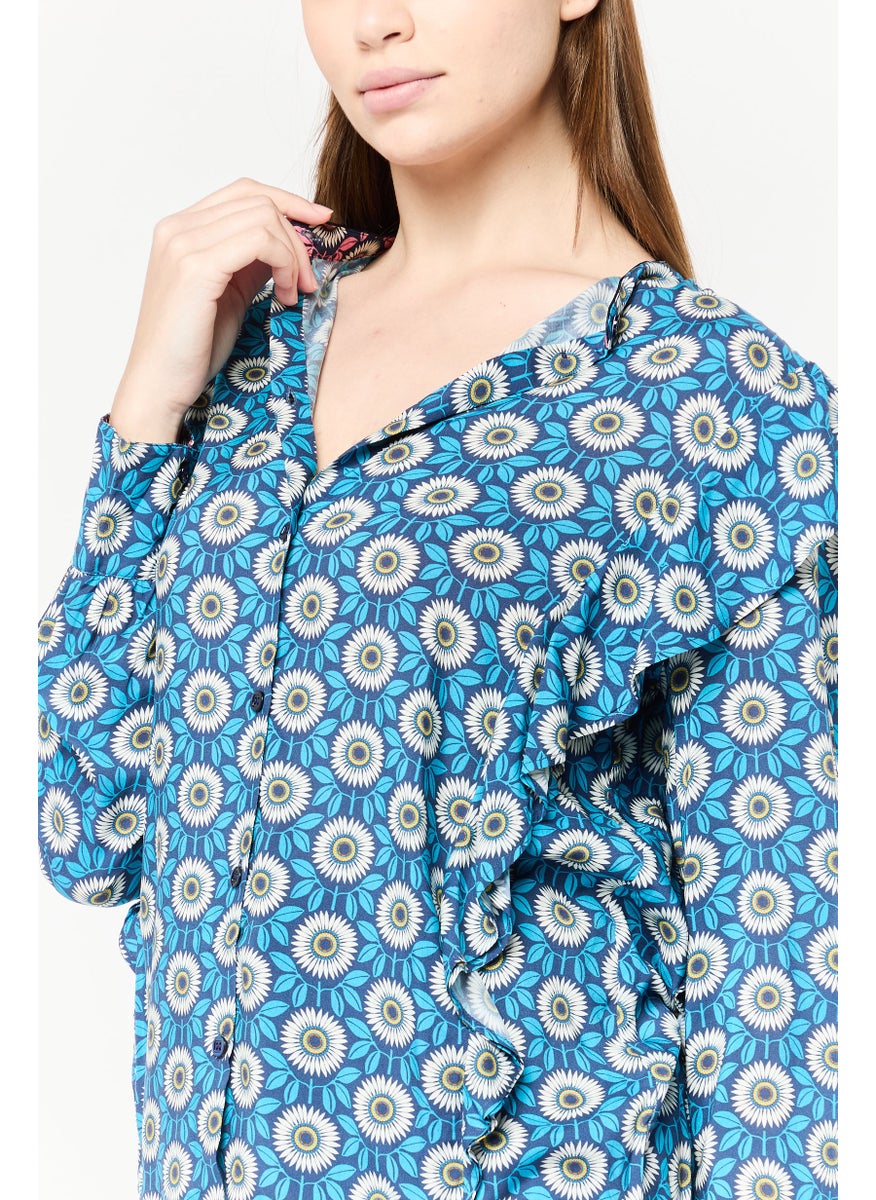 Harmont & Blaine Women Band Collar Long Sleeves Graphic Print Blouse, Multicolor  - Image 3