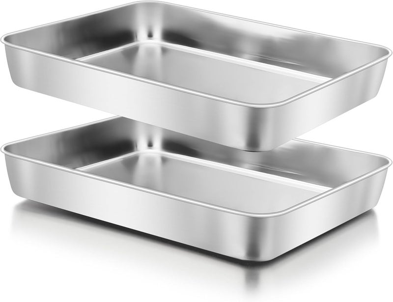 Herogo 10.5" x 8" x 2" Deep Baking Pan Set of 2, Stainless Steel Rectangle Sheet Cake Pan for Lasagna Brownies Casseroles Cakes, Dishwasher Safe & Durable - Image 1