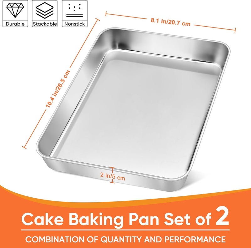 Herogo 10.5" x 8" x 2" Deep Baking Pan Set of 2, Stainless Steel Rectangle Sheet Cake Pan for Lasagna Brownies Casseroles Cakes, Dishwasher Safe & Durable - Image 2