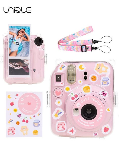 3 Pack Clear Camera Case Compatible with Fujifilm Instax Mini 12 Instant Camera - Mini 12 Hard Case with Photo Pocket Holds on Back and Adjustable Shoulder Strap & Cute Camera Sticker (Pink)