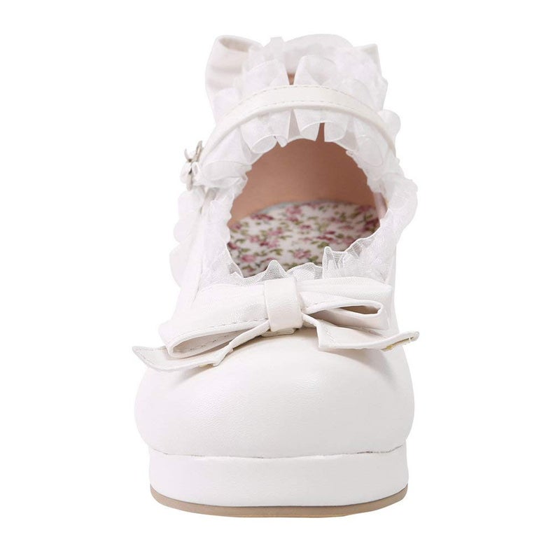 LUXMAX Women Kawaii Mid Block Heel Mary Jane Rockabilly Pumps with Bow Platform Chunky Heel Cute Sweet Shoes, Size 4 M US,White - Image 3