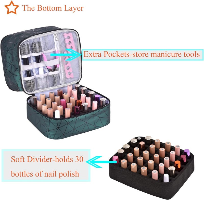 Fennec Mart Travel Nail Polish Organizer Bag Large Capacity Double Layer Makeup Case for 30 Bottles Nail Art Tool Storage with Handle, Customizable Compartments Multi Pouches for Travel (Black) - Image 5