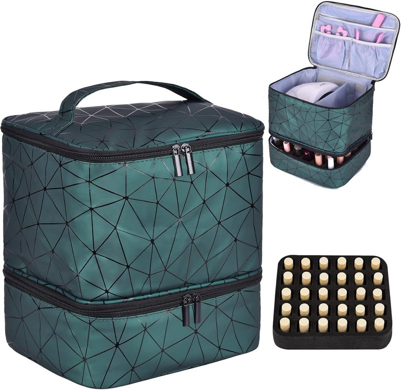 Fennec Mart Travel Nail Polish Organizer Bag Large Capacity Double Layer Makeup Case for 30 Bottles Nail Art Tool Storage with Handle, Customizable Compartments Multi Pouches for Travel (Black) - Image 1