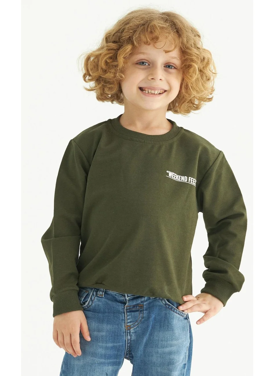 Zepkids Crew Neck Long Sleeve Weekend Feel Printed Khaki Color Boy's Sweatshirt