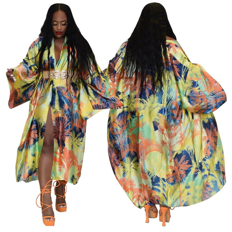 K10173 Euro-American Fashion Silk-like Printed Kimono Wrap Coat Yellow maple