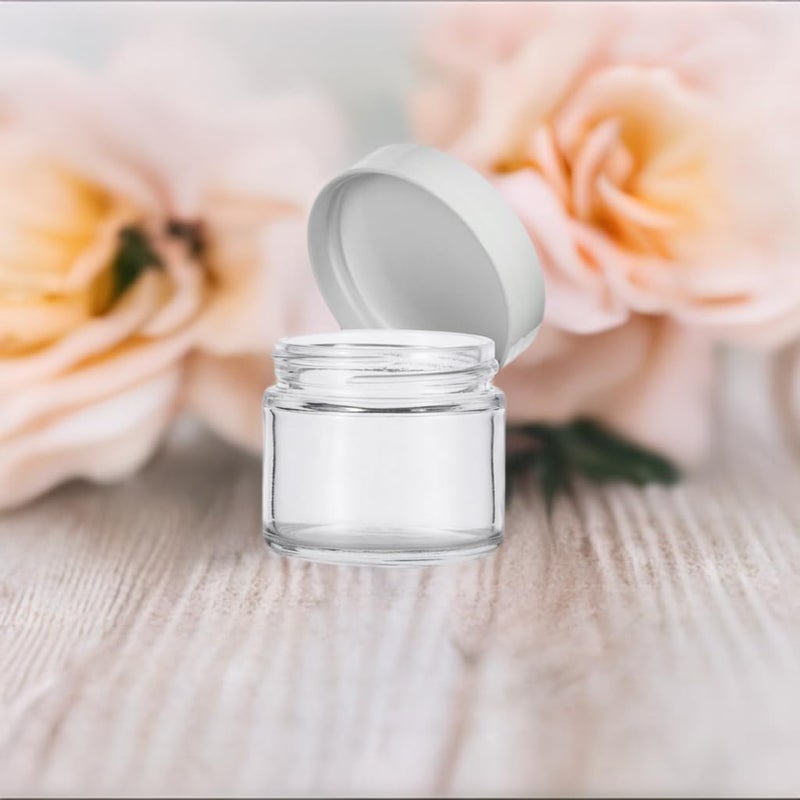 JUVITUS 1 oz / 30 ml Clear Glass Straight Sided Jar with White Smooth Lined Lids (12 pack) - Image 5