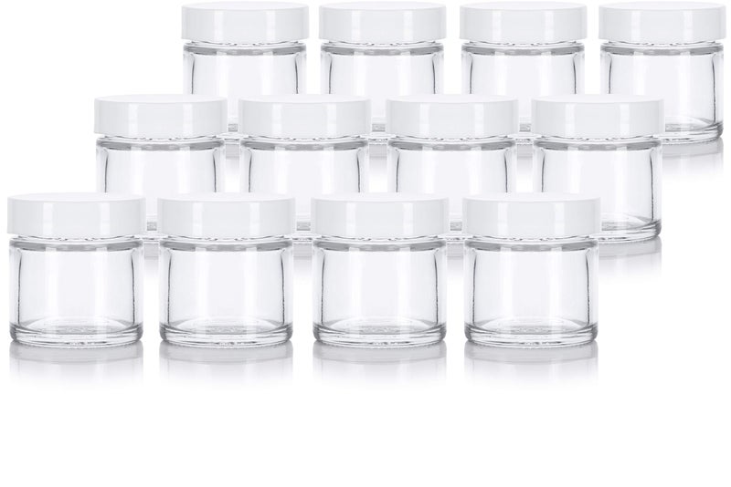 JUVITUS 1 oz / 30 ml Clear Glass Straight Sided Jar with White Smooth Lined Lids (12 pack) - Image 1