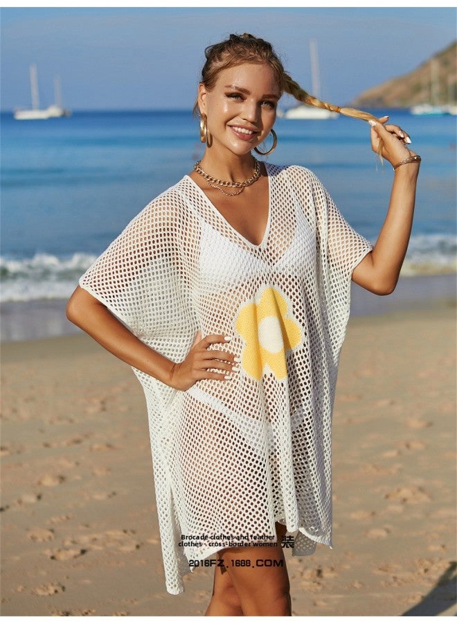 2022 Beach Blouse Hollow-out Knitted Blouse Vacation Popular Sleeveless Sun Protection Shirt For Women-Color:Apricot-  - Image 5