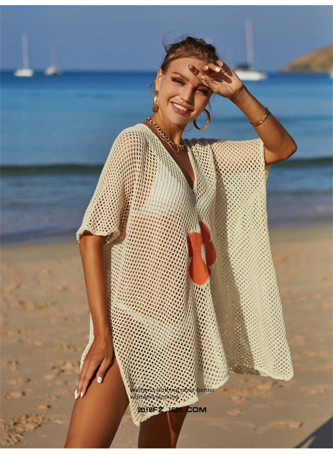 2022 Beach Blouse Hollow-out Knitted Blouse Vacation Popular Sleeveless Sun Protection Shirt For Women-Color:Apricot-  - Image 4