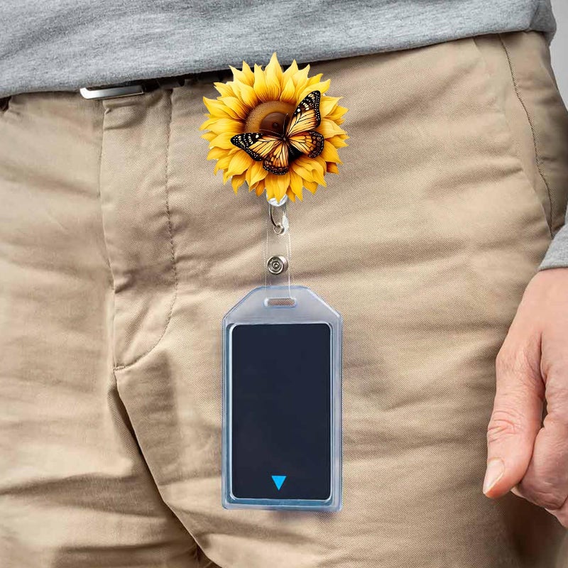 OCOUYVD Yellow Sunflower Butterfly Badge Clip Cute Funny Badge Reels Retractable Name Badge Reel Glitter Badge Clip Summer Retractable Badge Holders Id Badge Reel For Nurse Doctor Student Office Gifts - Image 5