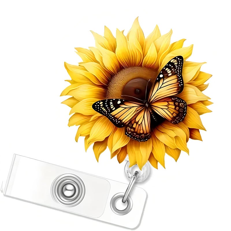 OCOUYVD Yellow Sunflower Butterfly Badge Clip Cute Funny Badge Reels Retractable Name Badge Reel Glitter Badge Clip Summer Retractable Badge Holders Id Badge Reel For Nurse Doctor Student Office Gifts - Image 1