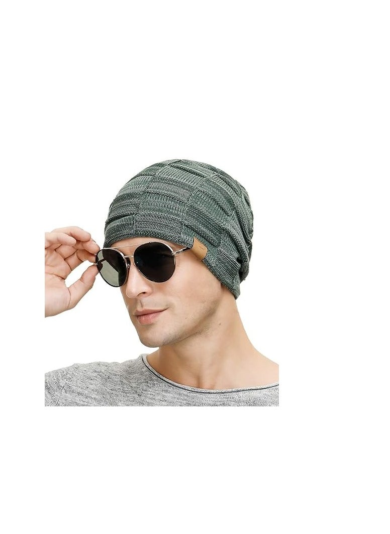 SYOSI - Mens Slouchy Beanie Hats, 2 Packs Slouchy Beanie for Men Winter Hats for Guys Cool Beanies Mens Lined Knit Warm Thick Skully Stocking Binie Hat, Blue/Army Green - Image 1