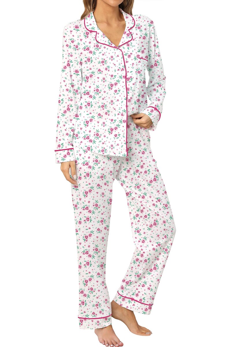 LUBOT 100% Cotton Pajamas Set for Women Long Sleeve Button-Down PJ Set Soft Two-piece Set Printed Patterned Night Suit Sleepwear Loungewear (Pink Flower, M) - Image 1