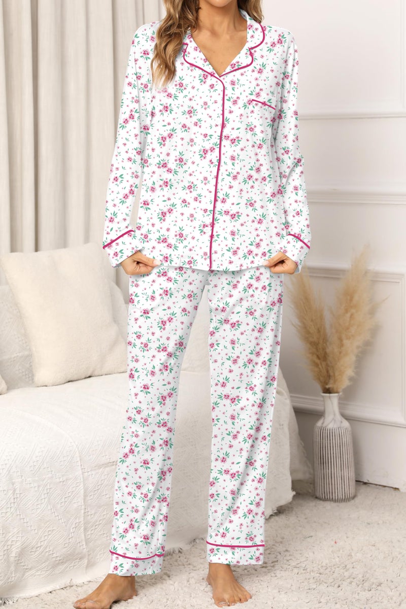 LUBOT 100% Cotton Pajamas Set for Women Long Sleeve Button-Down PJ Set Soft Two-piece Set Printed Patterned Night Suit Sleepwear Loungewear (Pink Flower, M) - Image 3