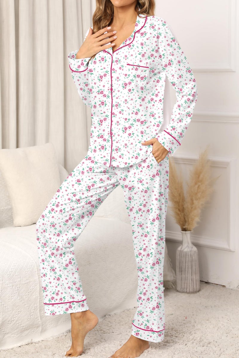 LUBOT 100% Cotton Pajamas Set for Women Long Sleeve Button-Down PJ Set Soft Two-piece Set Printed Patterned Night Suit Sleepwear Loungewear (Pink Flower, M) - Image 4