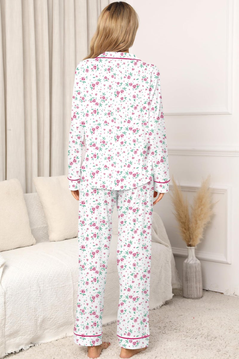 LUBOT 100% Cotton Pajamas Set for Women Long Sleeve Button-Down PJ Set Soft Two-piece Set Printed Patterned Night Suit Sleepwear Loungewear (Pink Flower, M) - Image 5