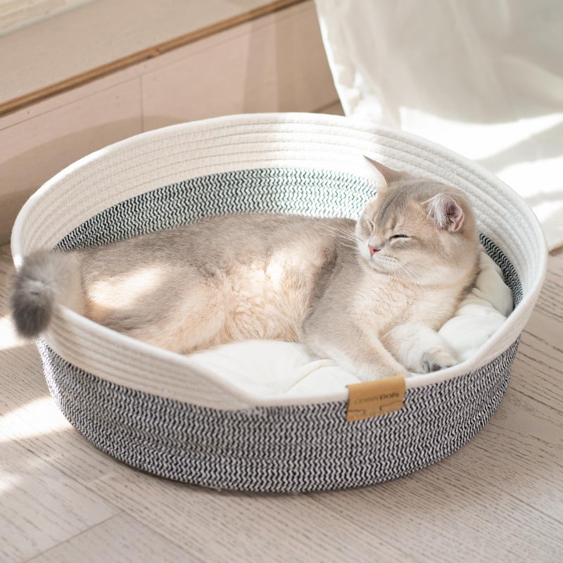 CHEERHOME PETS Cat Bed Basket with Cushion Cotton Rope Woven Pet Bed for Indoor Cats Couch Stimulicat Cat Bed Handwoven Breathable All Season Universal Grey - Image 2