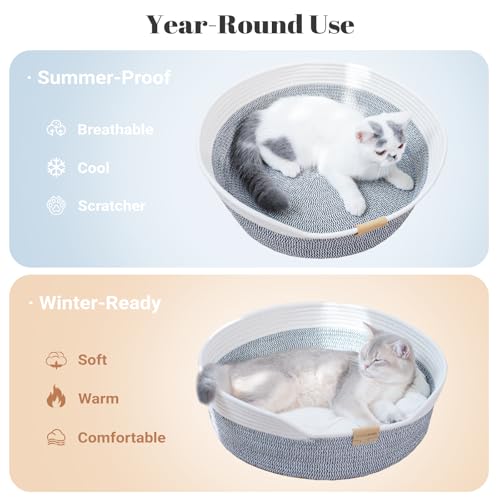 CHEERHOME PETS Cat Bed Basket with Cushion Cotton Rope Woven Pet Bed for Indoor Cats Couch Stimulicat Cat Bed Handwoven Breathable All Season Universal Grey - Image 3