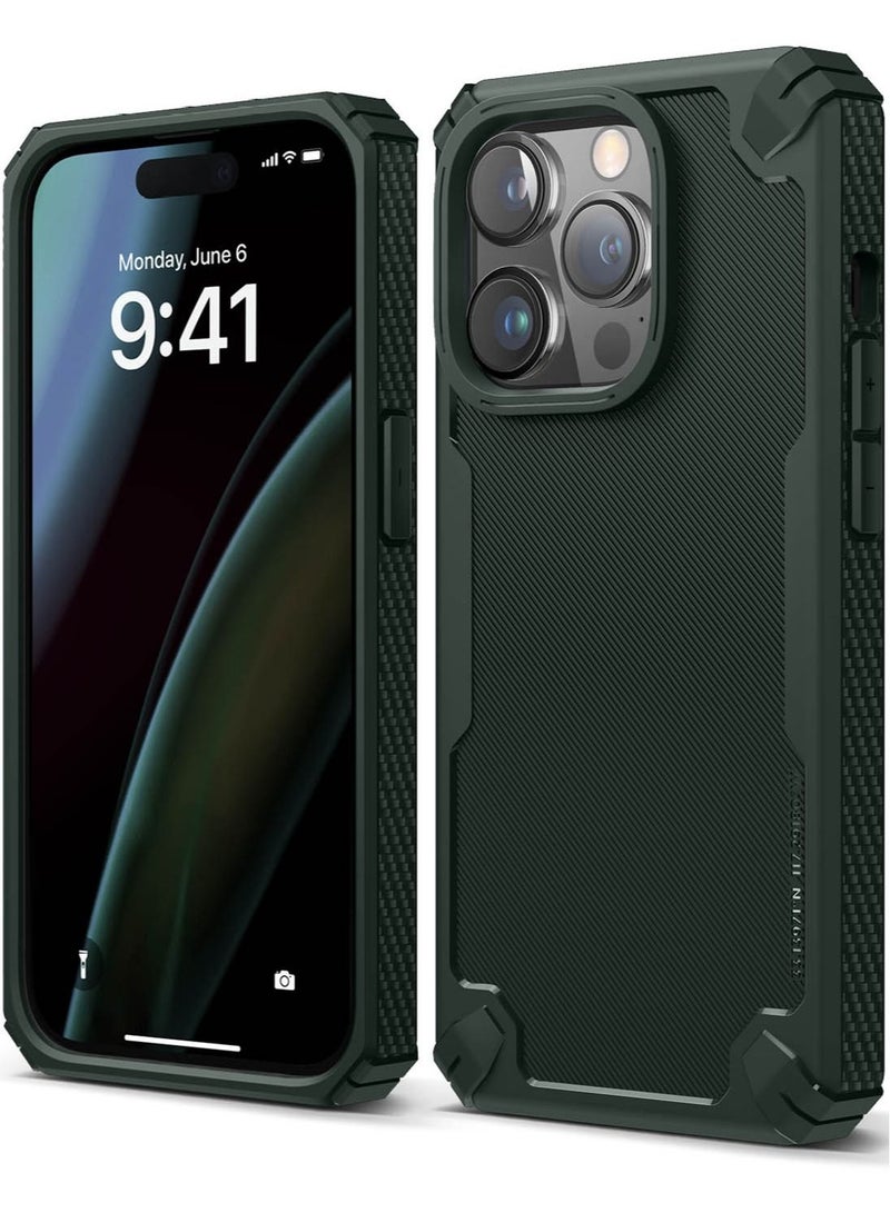 Elago Armor for iPhone 14 Pro Case Cover Military Grade with Carbon Fiber Pattern - Dark Green - Image 1