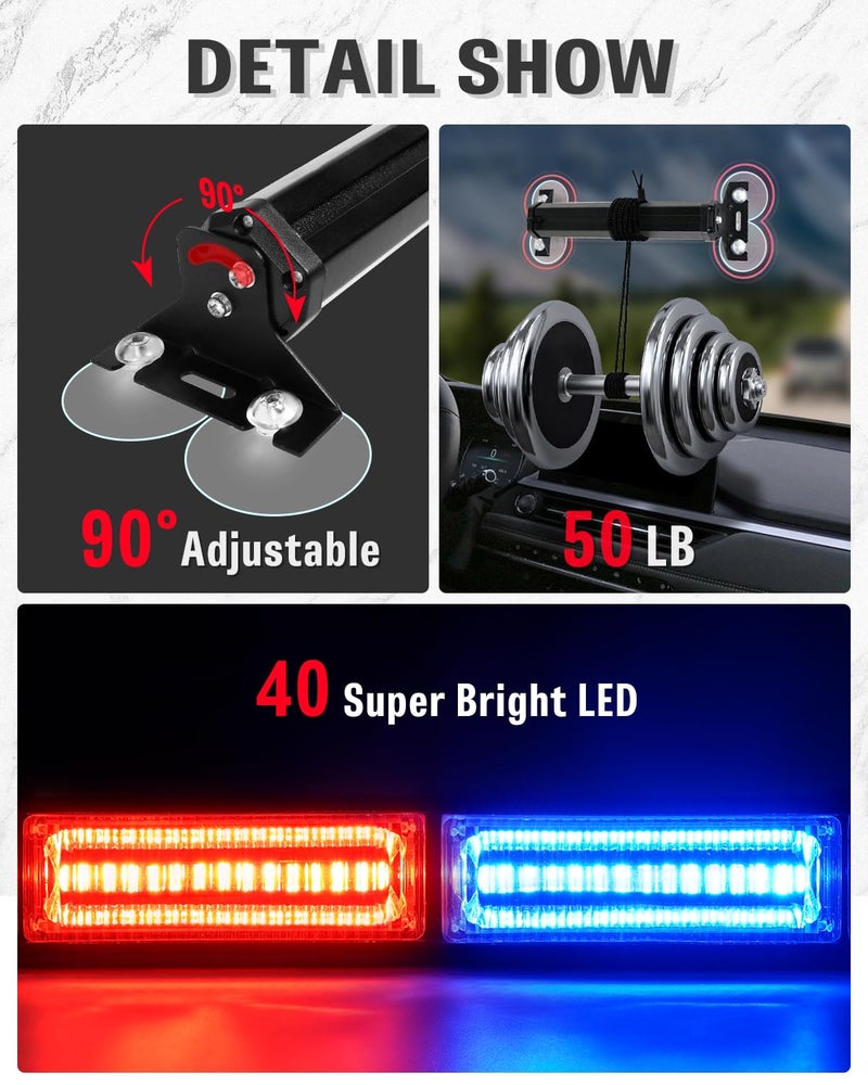 HLauto 1002L Emergency Strobe Traffic Advisor Light Bar: 40 LED Dash Safety Warning Flashing Light, Front/Rear Windshield Visor Lights for Construction Vehicle, Tow/Plow Truck (2x10.7inch, Red Blue) - Image 5