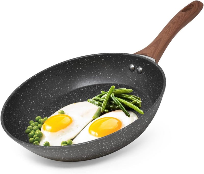 Granite Stove Pan with Wood Handle Induction Nonstick Frying Pan - Creamy Wok Pan for Kitchen (26cm - Black) - Image 1