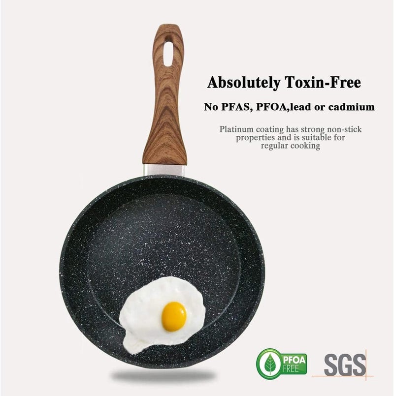 Granite Stove Pan with Wood Handle Induction Nonstick Frying Pan - Creamy Wok Pan for Kitchen (26cm - Black) - Image 3