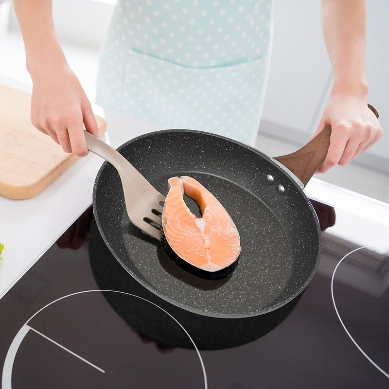 Granite Stove Pan with Wood Handle Induction Nonstick Frying Pan - Creamy Wok Pan for Kitchen (26cm - Black) - Image 2