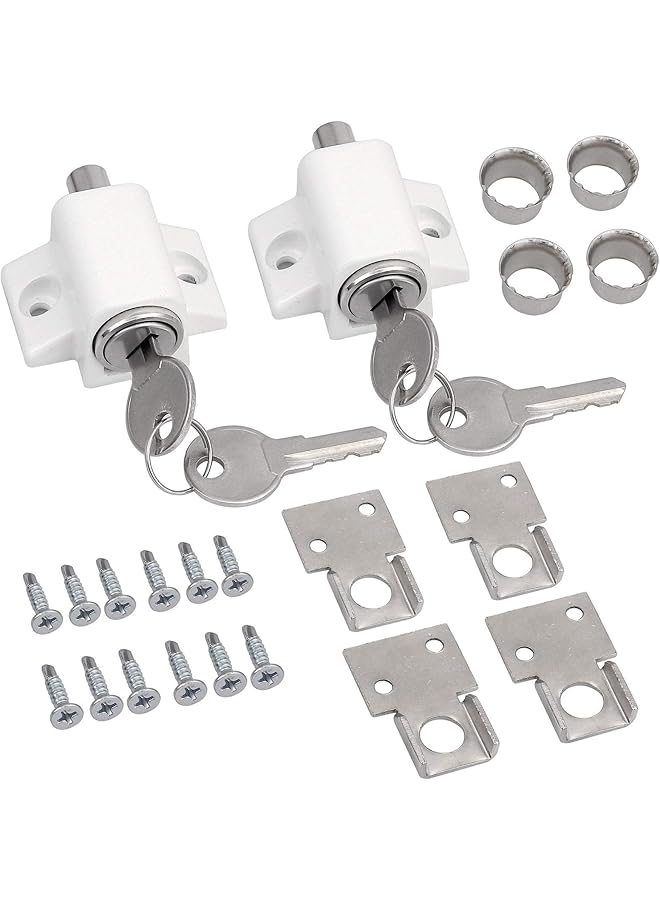 قفل باب شرفة منزلق 2 قطعة، قضيب أمان مع مفاتيح للنوافذ والأبواب، أبيض
