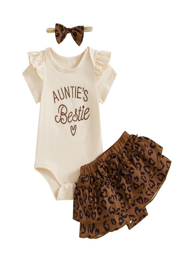 SAYOO Aunties Bestie Baby Clothes Girl Aunt Saying Letter Ruffle Romper Shirt+Leopard Bloomer Short Headband Summer Outfit (Leopard Khaki, 3-6 Months) - Image 1