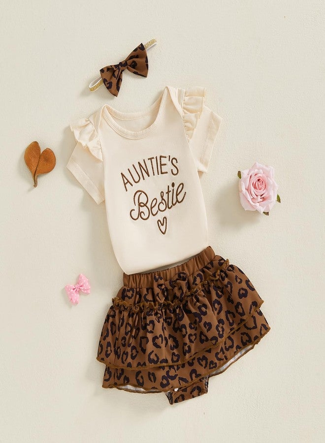 SAYOO Aunties Bestie Baby Clothes Girl Aunt Saying Letter Ruffle Romper Shirt+Leopard Bloomer Short Headband Summer Outfit (Leopard Khaki, 3-6 Months) - Image 2