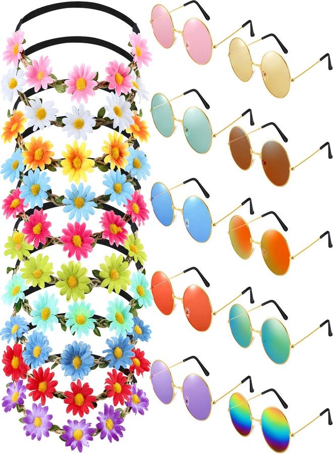 Bememo 20 Pieces Hippie Headband Glasses Costume Set, Includes 10 Pieces Multicolor Daisy Flower Crown, 10 Pieces Round Hippie Sunglasses for Festival - Image 1