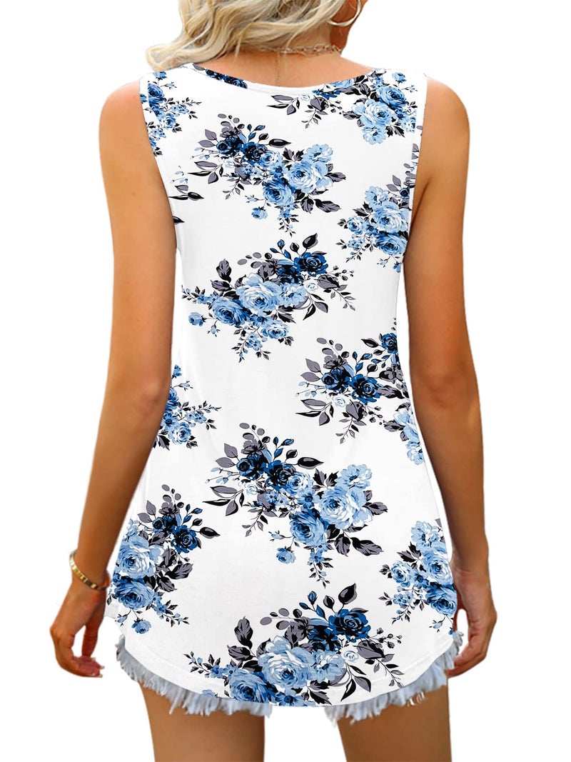Tencede 2026 Summer Tank Tops for Women Sleeveless V Neck Babydoll Loose Flowy Floral Print Blouse Blue Rose 1XL - Image 3