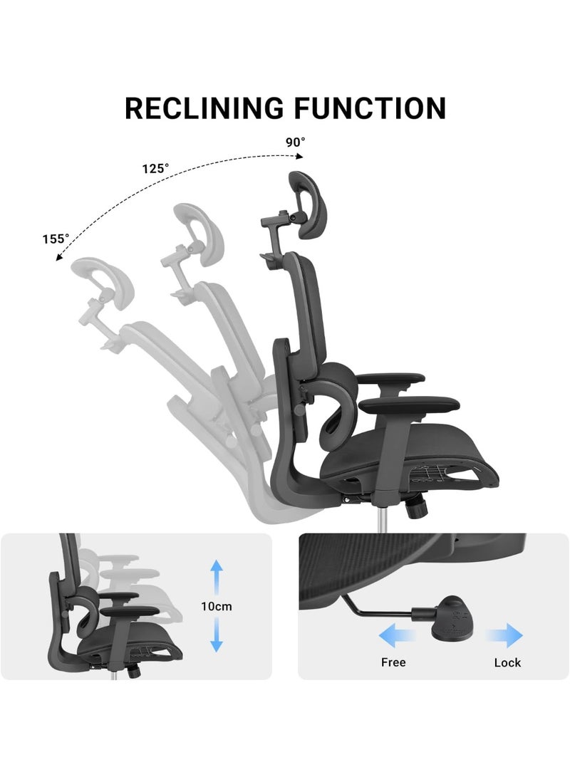 Jorunb Ergonomic Office Chair - High Back Breathable Mesh Gaming Desk Chair with 3D Armrests, Adjustable Headrest & Dynamic Lumbar Support, Swivel Tilt Function Executive Chair with Footrest（Black） - Image 5