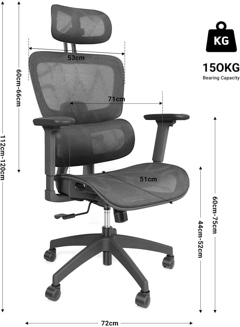 Jorunb Ergonomic Office Chair - High Back Breathable Mesh Gaming Desk Chair with 3D Armrests, Adjustable Headrest & Dynamic Lumbar Support, Swivel Tilt Function Executive Chair with Footrest（Black） - Image 4