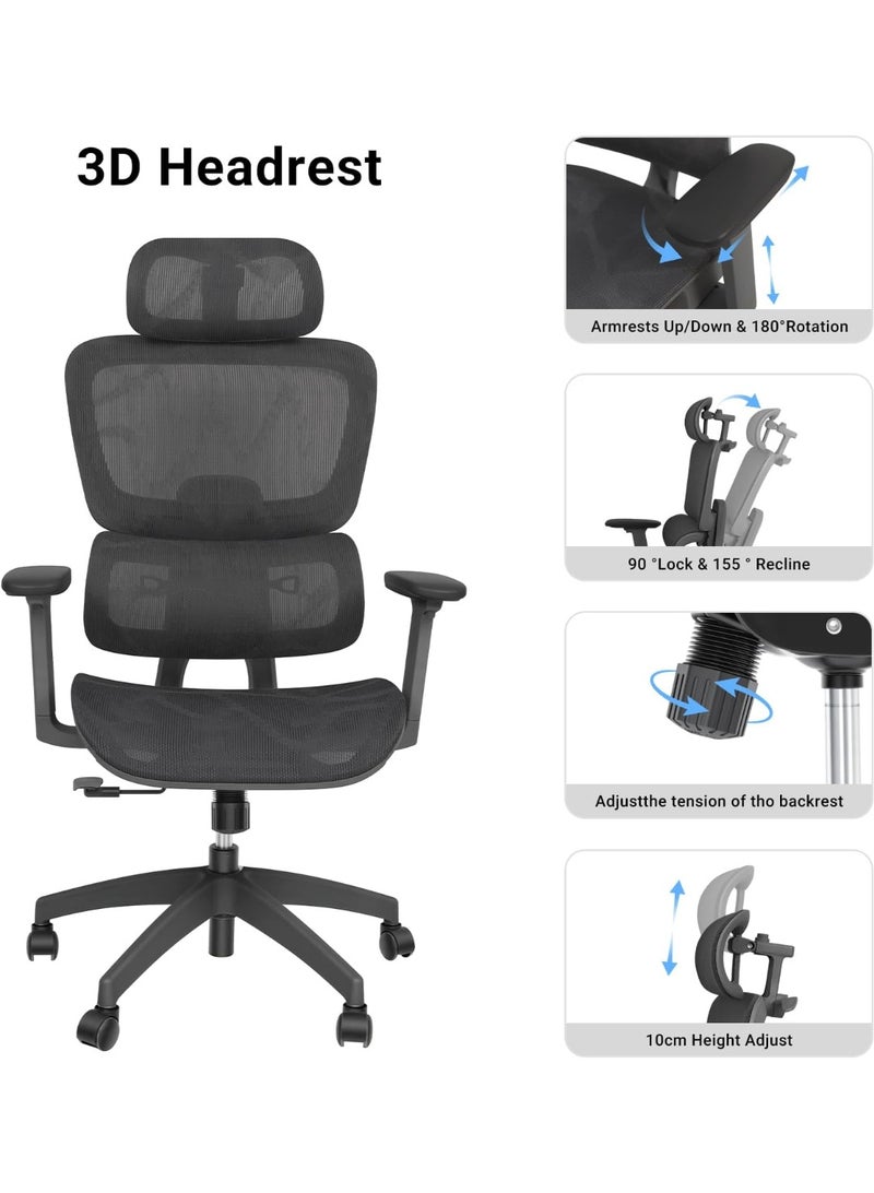 Jorunb Ergonomic Office Chair - High Back Breathable Mesh Gaming Desk Chair with 3D Armrests, Adjustable Headrest & Dynamic Lumbar Support, Swivel Tilt Function Executive Chair with Footrest（Black） - Image 3