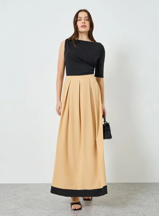 Women Beige Ruffled Hem Pleated Maxi Skirt