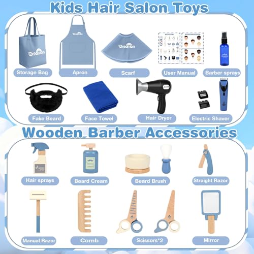 Dreamon Barber Shop Pretend Play Set Kids Shaving Kit Wooden Hair Salon Toys for Boys with Wearable Beard Electric Shaver Blow Dryer Tool Bag Toddler Role Play Barber Accessories for Boys Girls Gifts - Image 5
