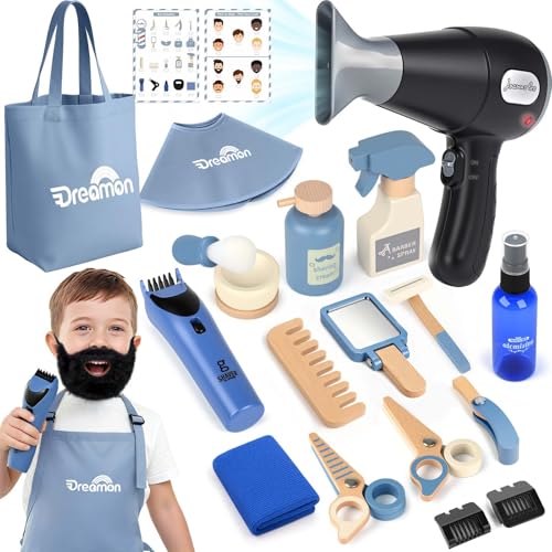 Dreamon Barber Shop Pretend Play Set Kids Shaving Kit Wooden Hair Salon Toys for Boys with Wearable Beard Electric Shaver Blow Dryer Tool Bag Toddler Role Play Barber Accessories for Boys Girls Gifts - Image 1