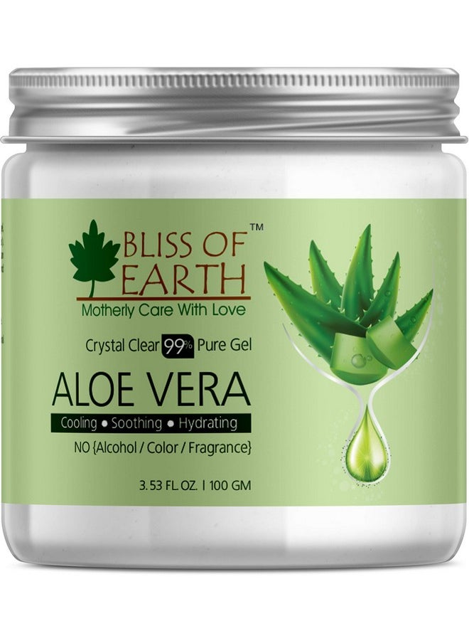 BLISS OF EARTH - 99% Pure Crystal Clear Aloe Vera Gel For Face Hair Skin Dark Spots, Effective Cooling, Soothing & Hydrating, 100Gm - Image 1
