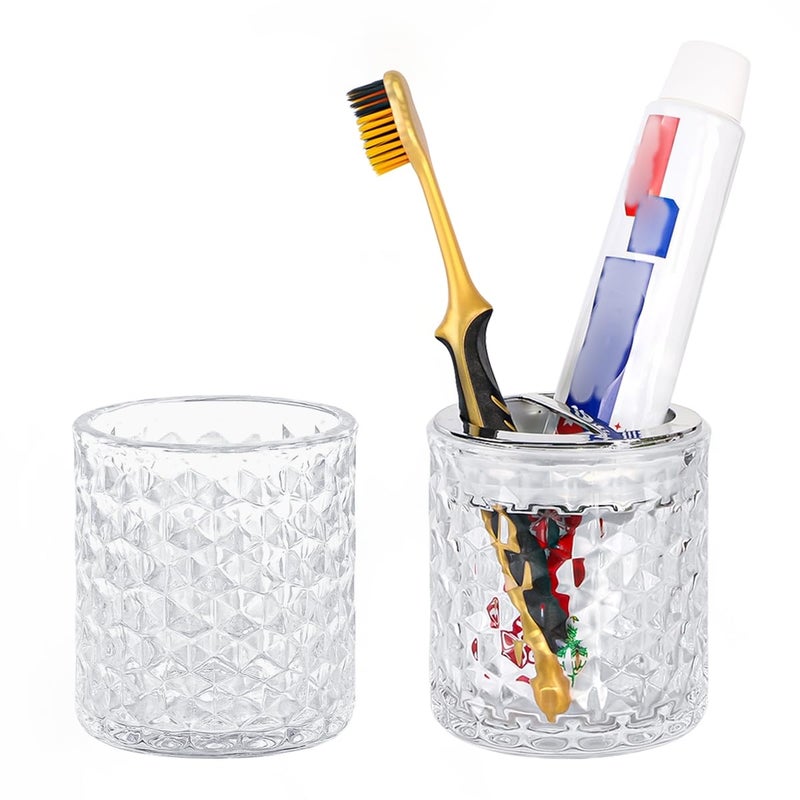 Fvstar 2pcs Toothbrush Holders for Bathrooms,Glass Toothbrush Holder and Bathroom Tumbler Set,Toothbrush and Toothpaste Holder with Divider,Bathroom Toothbrush Cup Holder (Clear and Silver) - Image 1