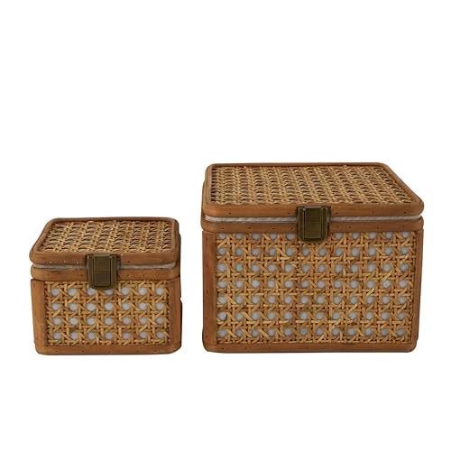 Deco 79 Rattan Handmade Decorative Box Woven Rattan Decorative Keepsake Boxes with Bronze Latches Set of 2 Storage Boxes 7 5W Brown - Image 1