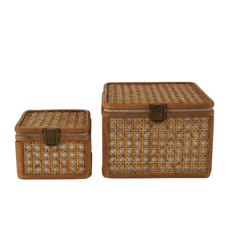Deco 79 Rattan Handmade Decorative Box Woven Rattan Decorative Keepsake Boxes with Bronze Latches Set of 2 Storage Boxes 7 5W Brown - Image 2