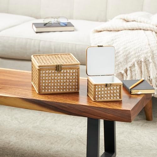 Deco 79 Rattan Handmade Decorative Box Woven Rattan Decorative Keepsake Boxes with Bronze Latches Set of 2 Storage Boxes 7 5W Brown - Image 3