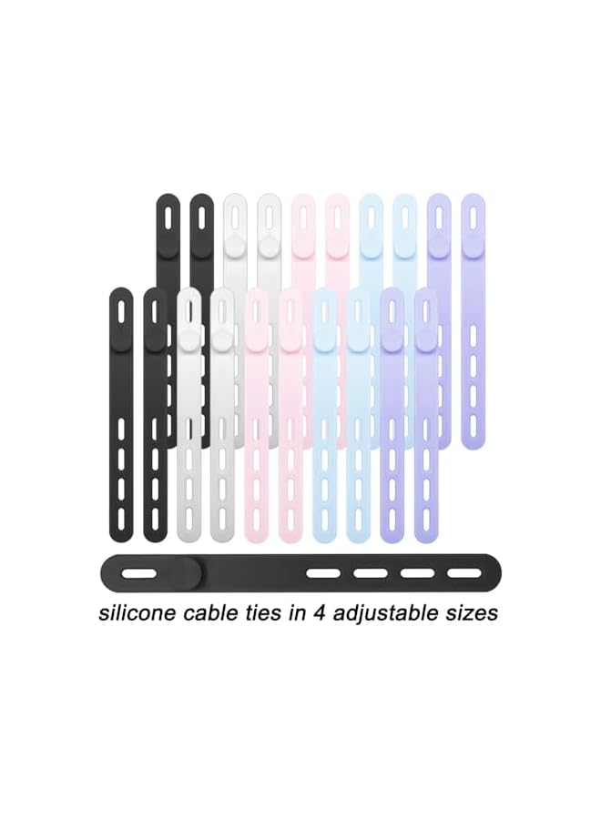 S-TOP 20PCS Silicone Cable Ties, Multipurpose Elastic Adjustable Charger Cable Wrap Tie Management with Lock Buckle, Cord Organizer Strap for Travel Home Office - Image 4
