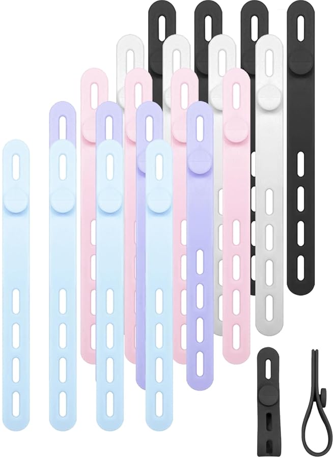 S-TOP 20PCS Silicone Cable Ties, Multipurpose Elastic Adjustable Charger Cable Wrap Tie Management with Lock Buckle, Cord Organizer Strap for Travel Home Office - Image 1